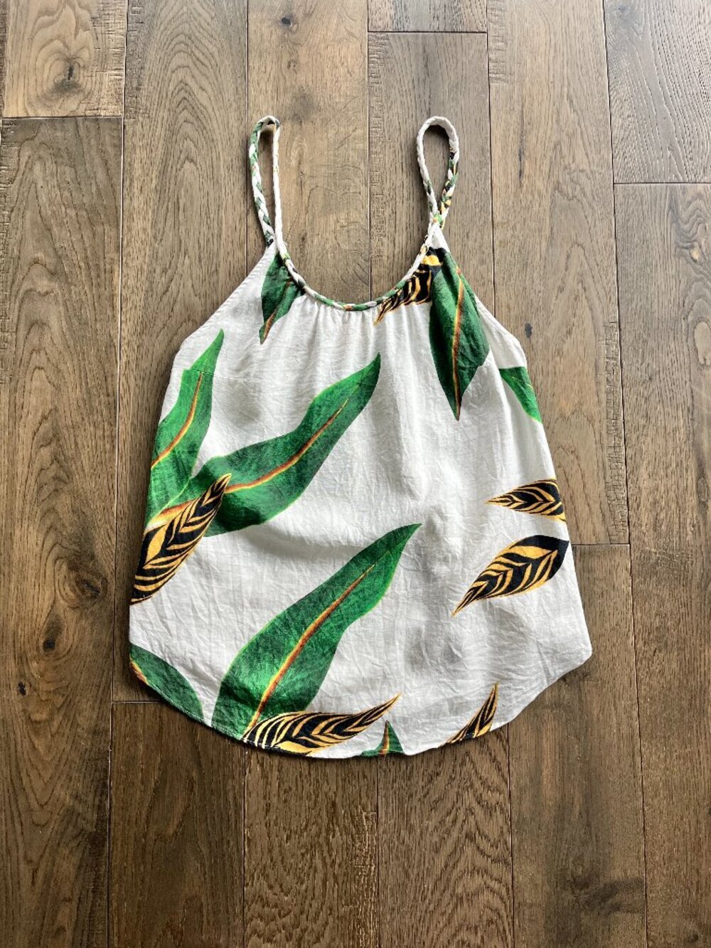Farm Rio Tropicalistic Braided Strap Top Green White XS Linen Blend